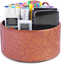 Remote Control Holder, 360°Spinning PU Leather Desk TV Remote Caddy,Desk Storage Box Room Accessories for Controller, Media,Mail,Calculator, Mobile Phone,Pencil(1-Carved Brown)