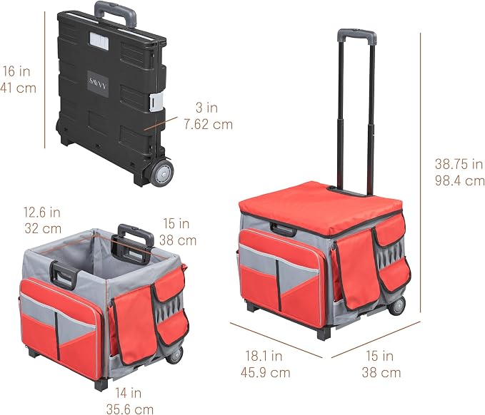 Mobile Folding Utility Cart with Canvas Storage Organizer Bag, Rolling Cart, Red/Grey