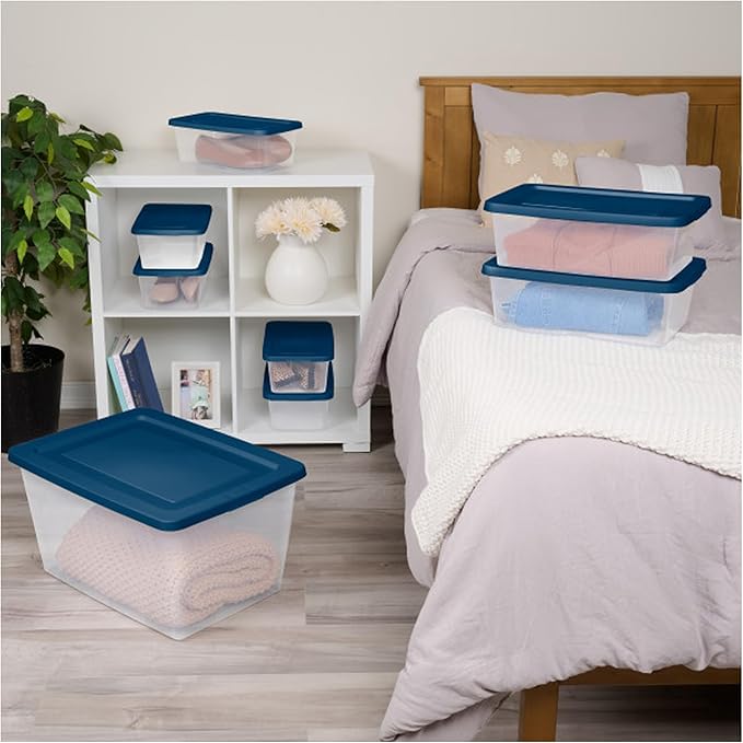 Sterilite Set of 5 Storage Boxes, Clear Plastic Stackable Containers, Lightweight Home Organizers with Snap Lids, 6 Quart, Marine Blue