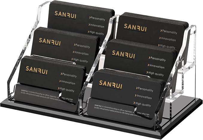 SANRUI Acrylic Business Card Holder, Black Business Cards Display Stand for Desk, Clear Horizontal 6 Slot Desktop Organizer , 360 Card Capacity