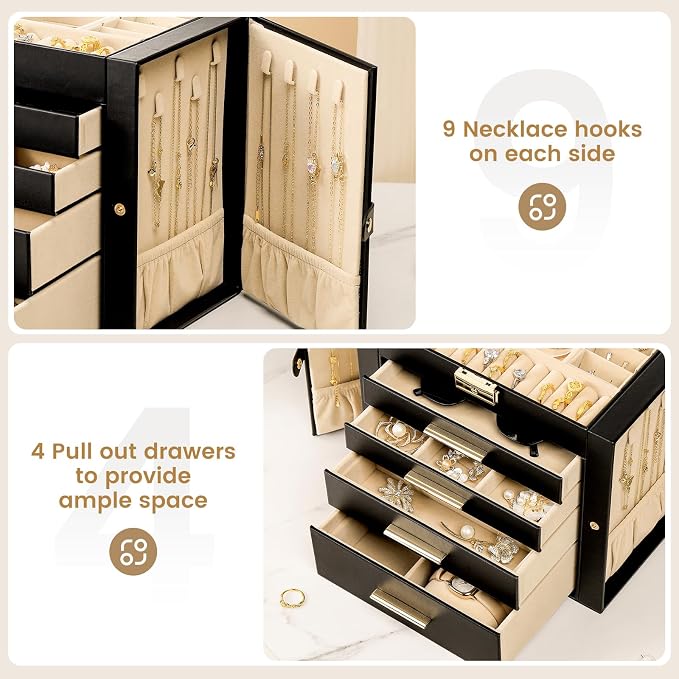 Synthetic Leather Huge Jewelry Box Mirrored Watch Organizer Necklace Ring Earring Storage Lockable Gift Case (Black)