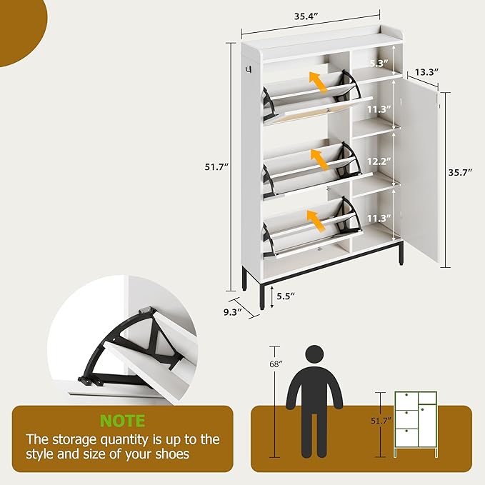Garvee Shoe Cabinet with 3 Flip Drawers and 4-Tier Shoe Storage Cabinet, Freestanding Shoe Organizer with Adjustable Shelf and Rattan Doors for Entryway, Closet, Hallway