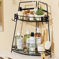 VITVITI 2 Tier Corner Bathroom Counter Organizer, Metal Bathroom Countertop Organizer Shelf Storage, Bath Room Sink Makeup Organizers for Vanity Perfume Skincare with Hooks, Black