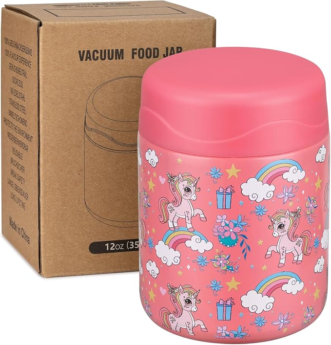 wiwens 12oz Soup Thermo for Hot Food Kids Insulated Food Jar Wide Mouth Lunch Container Leak Proof Stainless Steel Vacuum Bento Box for School Office Travel Outdoors Pink-unicorn