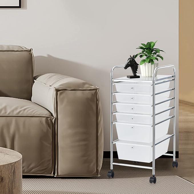DREAMADE Rolling Cart with Storage Drawers, Utility Cart with Removable Plastic Drawers, Lockable Wheels, Art Cart for Classroom Organization Art Supplies Office Scrapbook (6 Drawers, Transparent)