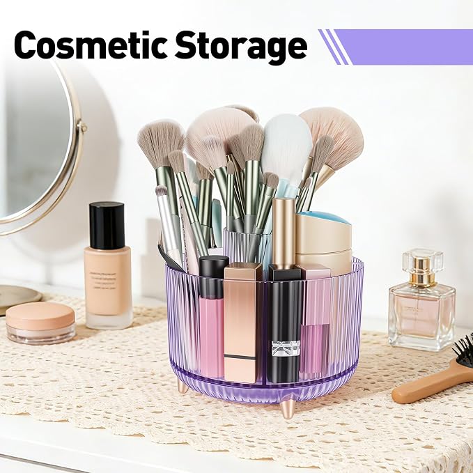 360 Rotating Pen Pencil Holder for Desk, Pen Organizer with 5 Slots, Makeup Brush Holder, Desk Organizer and Accessories, Cute Pencil Cup Caddy for Office School Home Decor Art Supply (Purple)