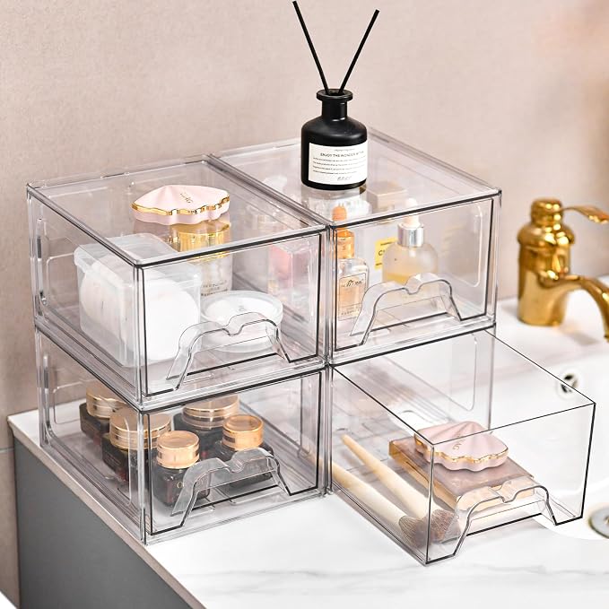 4Pack Acrylic Storage Drawers, Clear Stackable Storage Drawers, Acrylic Storage Bins with Drawers for Fridge Organizers, PlasticDrawers Stackable for Makeup Organizers Cosmetic Display