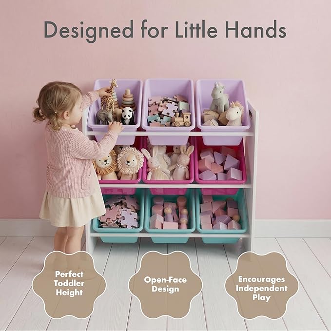Humble Crew Toy Storage Organizer with 9 Removable Storage Bins for Kids Playroom, 3-Tier Toddler Toy Organization and Storage, White/Pink/Purple/Aqua