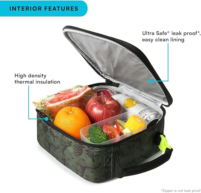 Arctic Zone Kids Lunch Box Combo with Gel Ice Pack and Sandwich Container, Insulated Bag for Travel Lunch, Sensory Fidget Toy Handle, Dino Skeleton Dye
