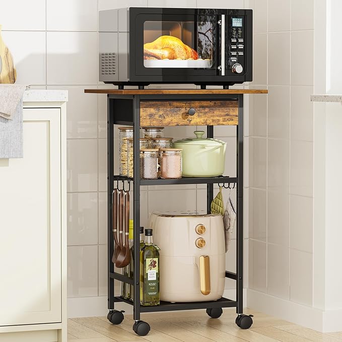 Microwave Cart, 4-Tier Microwave Stand with Adjustable Shelf | Kitchen Storage Cart on Wheels, Coffee Bar Cart Shelf for Living Room, Kitchen Island, Office, Balcony, Rustic Brown