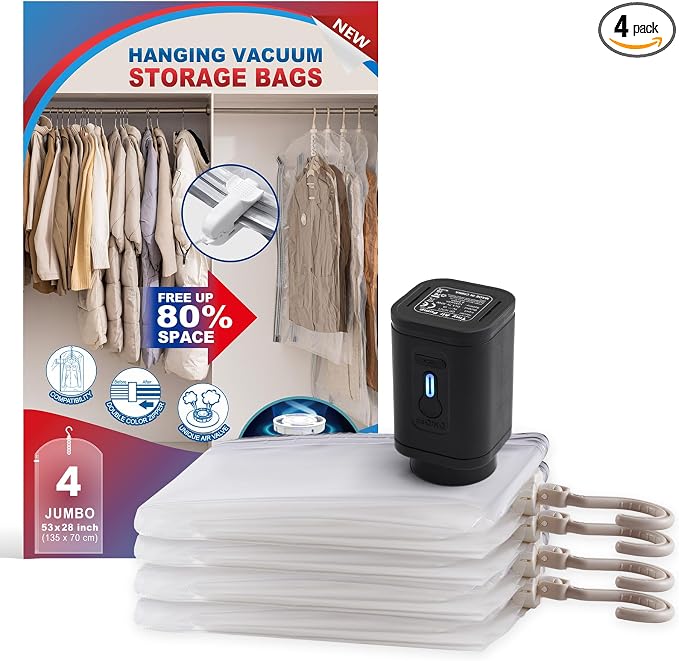Hanging Vacuum Storage Bags For Clothes with Electric Pump, 4 Pack Large Hanging Space Saver Bags, Vacuum Sealed for Clothing Travel Suits Dress Jackets for Moving Supplies(4 Long)