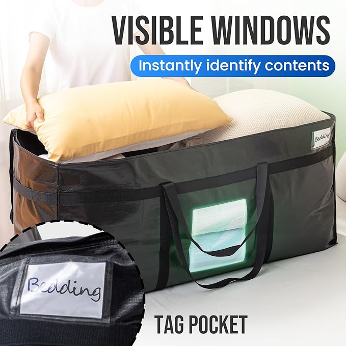 TAILI 69 Gallon Extra Large Storage Bags, XXL Black Heavy Duty Moving Bags For Storage with Visible Window, Wrap Around Handles, Totes for Space Saving, Alternative to Moving Boxes