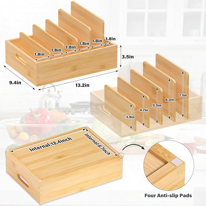 Kiasthome Bamboo Lid Organizers Inside Cabine, Kitchen Cabinet Organizer with 5 Adjustable Dividers, Food Container Plastic Holders for Drawer Pantry, Nature