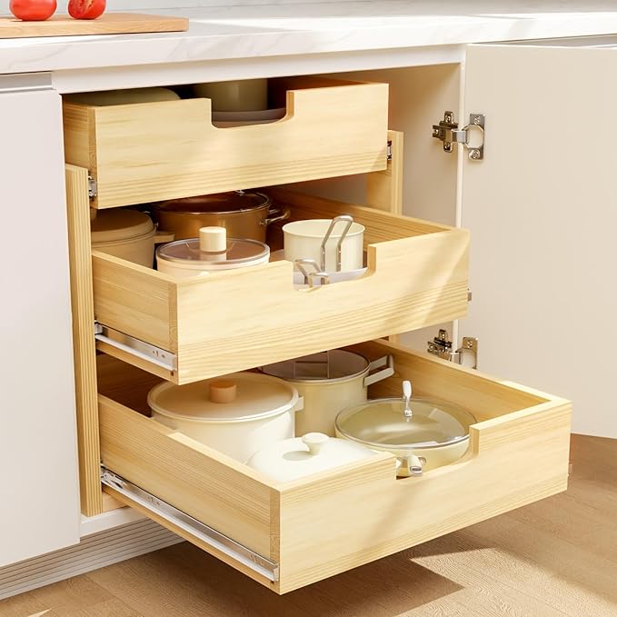Pull Out Cabinet Organizer, 23''W×21''D Sliding Drawers for Cabinets, 3 Tier Soft Close Slide Out Wooden Pull out Drawers, Base Cabinet Organization for Kitchen, Pantry, Bathroom