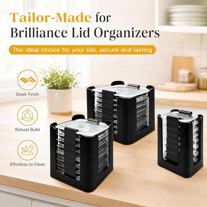 Food Container Lid Organizer for Rubbermaid Brilliance – 3-Piece Set, Holds Up to 24 Lids (Fits 4.7, 3.2, 1.3 & 0.5 Cup Containers), Snap-On Lid Storage for Kitchen Cabinet, Black
