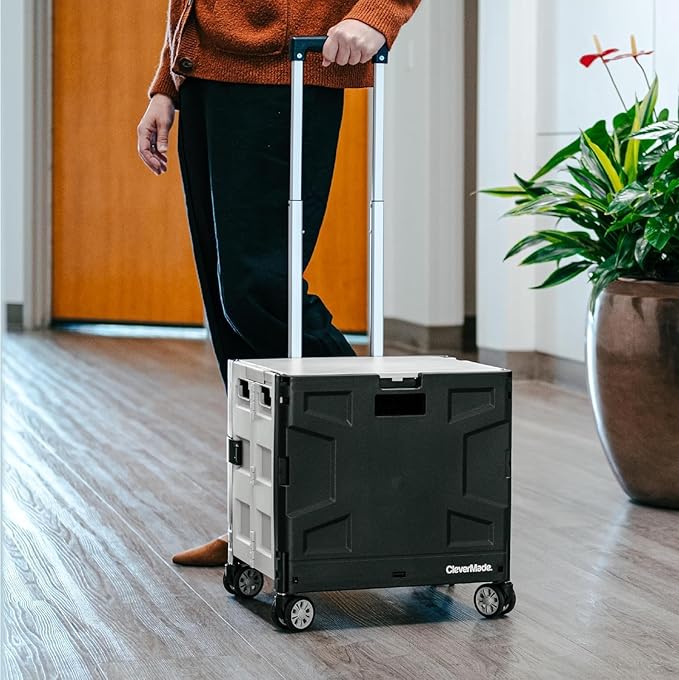 CleverMade Collapsible Crate on Wheels with Handle (35L, 4-Wheel) – Collapsible Rolling Cart with Lid, Foldable Utility Cart for Teachers, Groceries, Travel, and Office Storage – Holds 75 lbs, Black