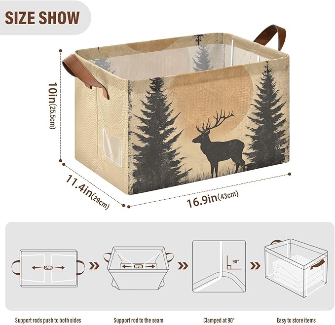 Rustic Sunset Forest Deer Vintage Storage Basket Foldable Cube Storage Bins with Handles&Label Collapsible Organizer Box Bin Large Rectangle Decorative Baskets for Shelves Home Living Room Closet-2 PC