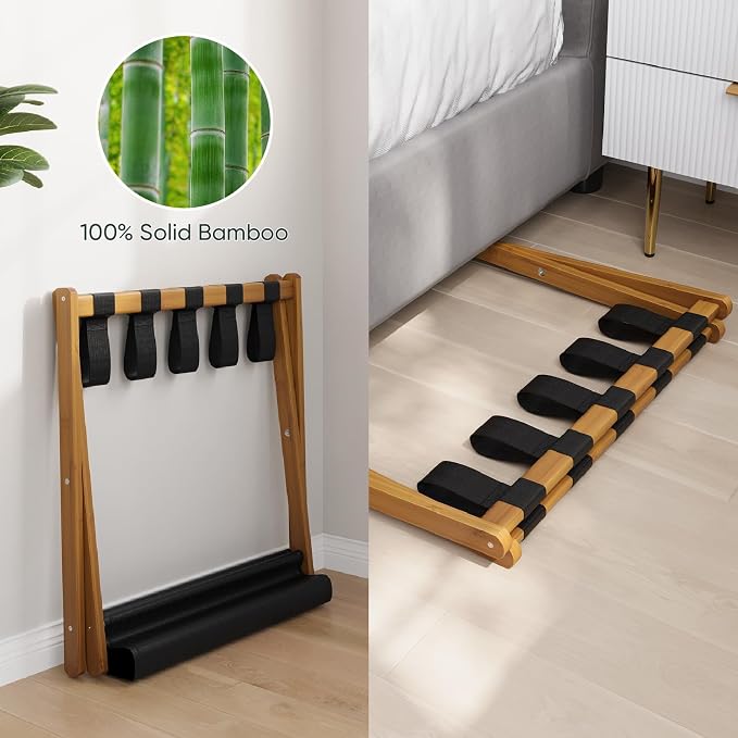 Smart FENDEE 2 Pack Luggage Rack, Folding Luggage Rack for Guest Room, Walnut Bamboo Suitcase Stand Holds up to 131 lb, Luggage Stand with Storage Shelf for Hotel, Bedroom