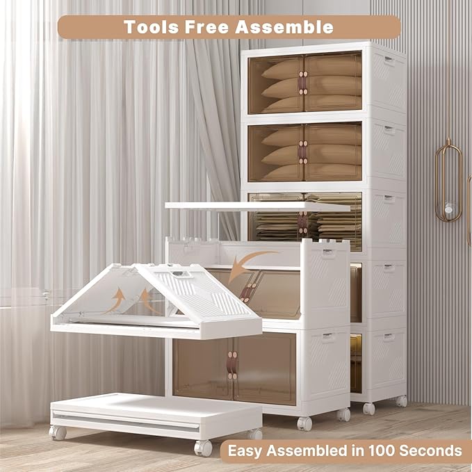 UAMFURI Extra Large Stackable Storage Bins with Lids & Wheels, Foldable Plastic Storage Bins (1, White, 30"×20"×80")