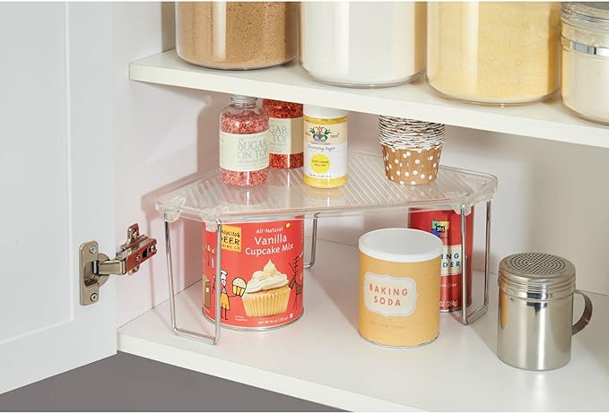 mDesign Plastic/Steel Freestanding Foldable Corner Stackable Organizer Shelf for Kitchen, Counter, Pantry, Cabinet Storage, Holds Plates, Dishes, Ligne Collection, Clear