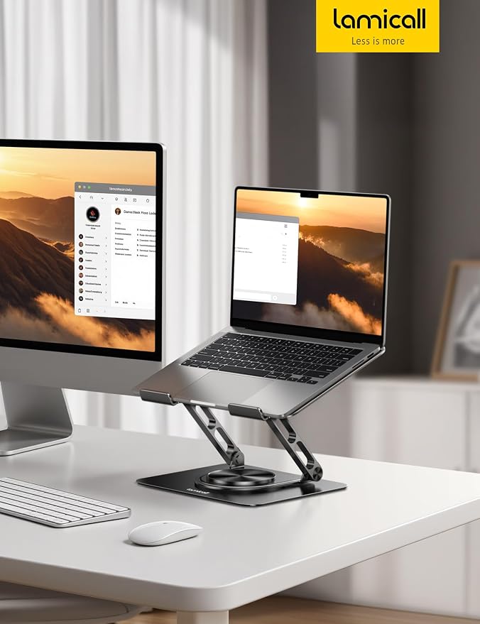 Lamicall Adjustable Laptop Stand for Desk - 360° Rotating Base Ergonomic Computer Stand, Aluminum Laptop Riser Foldable Portable for Office Home fits MacBook Neo Air Pro, Dell, HP (10-17.3'') - Black