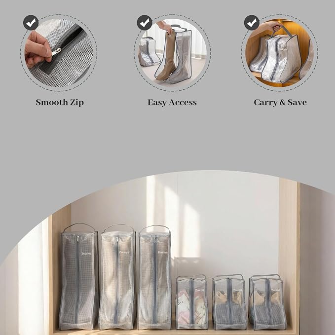 6Pack Boot Bags for Cowboy Boots, Boot Storage Organizer for Tall Boots, Cowboy Boot Storage with Clear Bag, Cowboy Boot Bag & Boot Storage Bag for Travel, Suitable for travel and Daily Use (Gray)