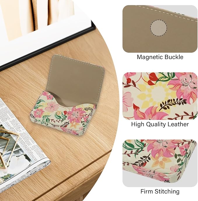 Business Card Holder，PU Leather Business Card Case Color Printing Pattern Card Holder Wallet，Pockets Magnetic Credit Card Holders for Men and Women - Red Yellow Flowers