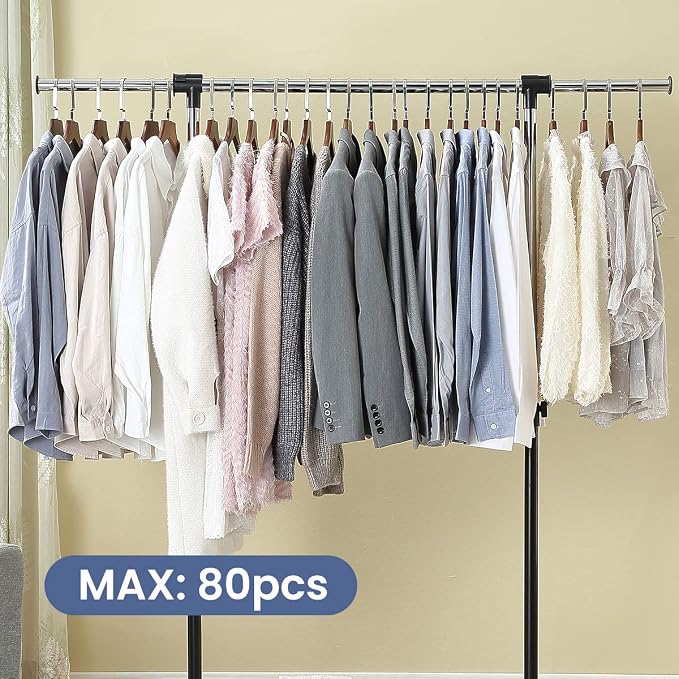 LiaMeE Adjustable Clothing Rack for Hanging Clothes, Heavy Duty Garment Rack with Wheels，Free Standing Rolling Clothes Rack with Shelf & Grid, Easy Assembly Standard Rod, Black & Chrome