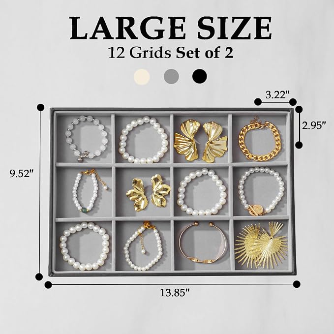 Large Jewelry Organizer Tray 2 Pack, Stackable Jewelry Storage Holder for Drawer Inserts, PU Leather Velvet Jewellery Display Case for Earring Bracelet Necklace Ring (Black Gray, 12 Grids)