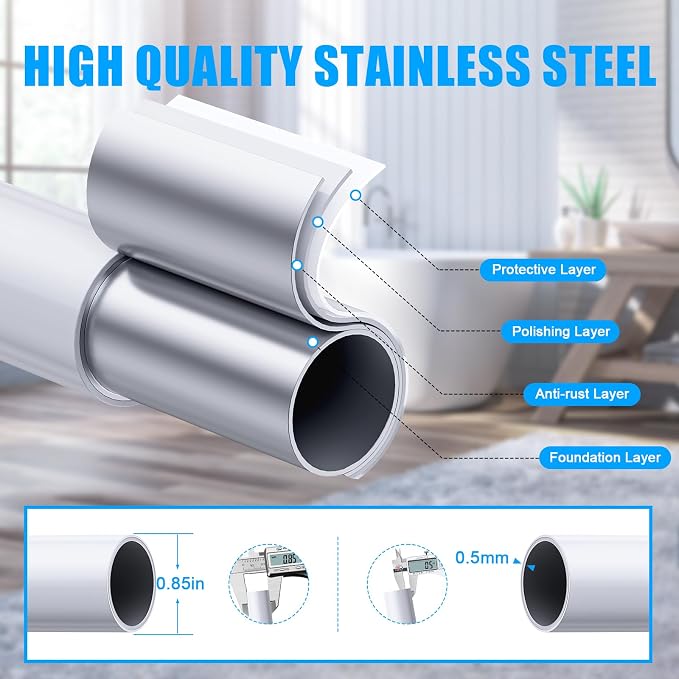 TEECK 2 Pack Shower Curtain Rod, 32-43 inch Adjustable Spring Tension Curtain Rod, Never Rust Anti-Slip Shower Curtain Rod for Bathroom, No Drilling, Never Collapse, Easy to Use, White