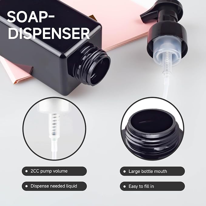 250ML Foaming Soap Dispenser, 2-Pack Plastic Hand Soap Dispenser, Refillable Leakproof Foam Pump Bottle with Waterproof Labels, for Shampoo, Body Wash