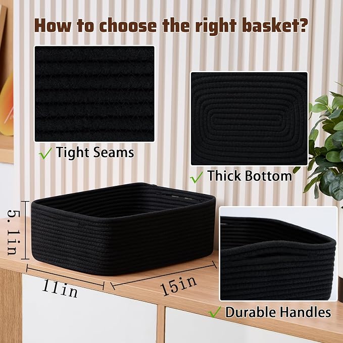 MiniArk Large Shallow Organizing Baskets 15x11x5.1 Inches - Rope Woven Storage Bins for Bathroom, Shelves, Cube Closet, Black 3 Packs