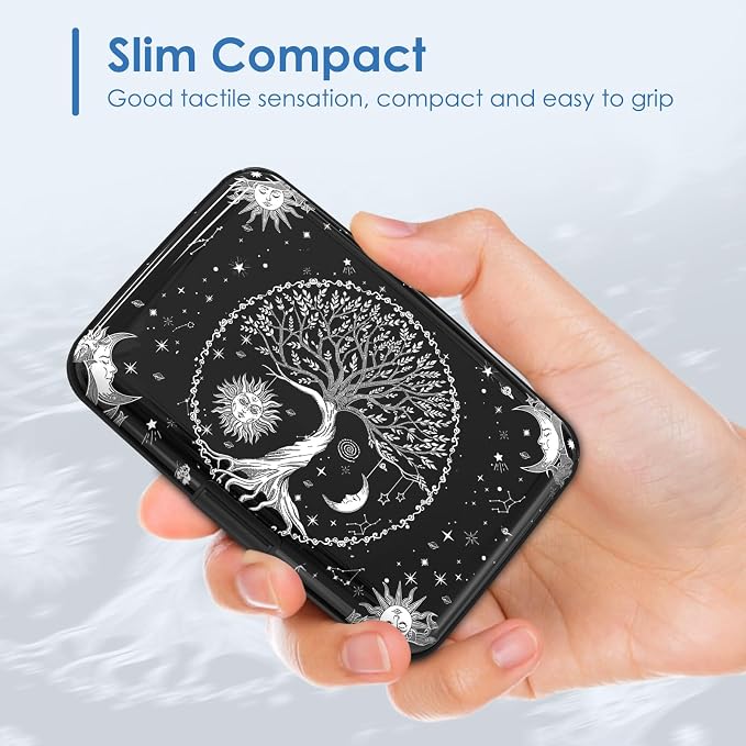Small Credit Card Holder, RFID Blocking Slim Wallet Business Metal Aluminum Hard Case for Women Men, Cool Star Moon Tree