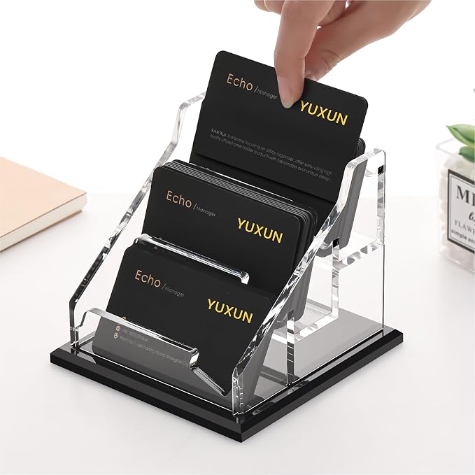 YUXUN Black Business Card Holder for Desk-3 Tier 3 Slot, Acrylic Business Card Holder for Women Men, 150+ Business Cards Display Stand, Multiple Business Card Display for Exhibition, Home, Office