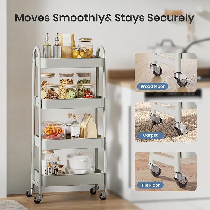 DUMOS 4 Tiers Rolling Utility Cart, Storage Organizer, Shelving Unit | Metal, Lockable Wheels, Mobile, Kitchen, Bathroom, Laundry, Narrow Places, White