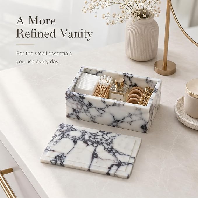 Natural Marble Rectangle Jewelry Box with Lid, 7.87 in | A rectangle marble box for watches, jewelry, slim glasses, hair ties, and dresser-top organization.