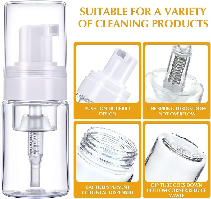 50 Pack Foam Pump 1oz/30ml Refillable Dispenser Travel Size Plastic Mini Bottle for Lash Shampoo, Cleaning, Cosmetics - Portable Clear Foaming Packaging
