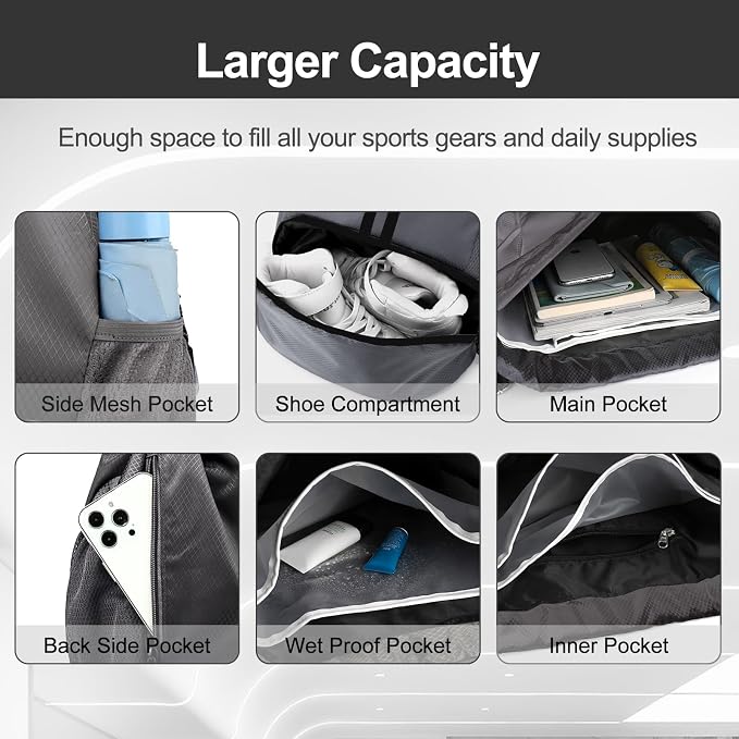 Hoedia Sports Drawstring Backpack - String Swim Gym Bag with Shoes Compartment and Wet Proof Pocket for Women/Men (Dark Grey)