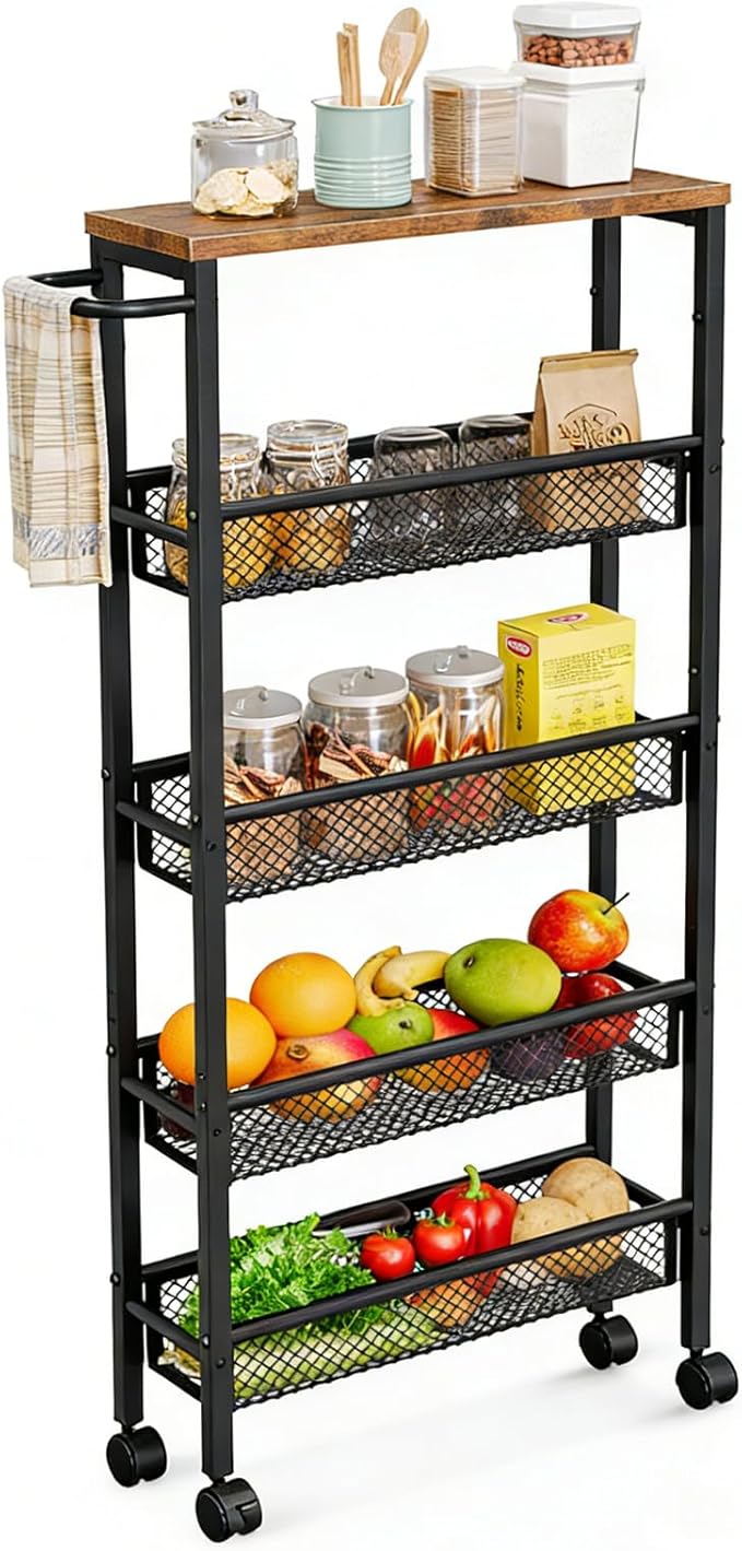 AZERPIAN Slim Rolling Cart 5 Tier Narrow Storage Cart on Wheels with Metal Handle for Kitchen Dining Living Home Laundry Room