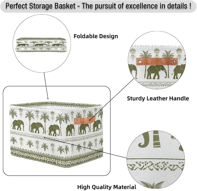 Rectangular Storage Baskets Elephant Palm Tree Fabric Storage Bin Toy Organizer Box with PU Leather Handles for Room Decor