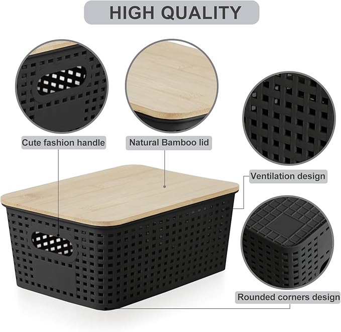 Bagnizer Small Plastic Storage Bins with Bamboo Lids 5.2qt Stackable Box Basket Pantry Decorative Containers Cute with Lable for Organizing Desktop Closet Office Black of 6 packs 10 * 7.2 * 4.1'’