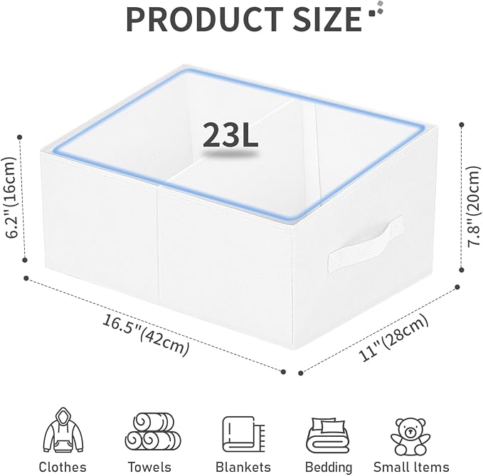 DIMJ Large Closet Shelf Organizer Bins 4 Packs with Handles and Divider, Fabric Trapezoid Storage Baskets, Foldable Clothes Containers Box for Shelf, Towel, Book, Toy, Purse, Hats, White