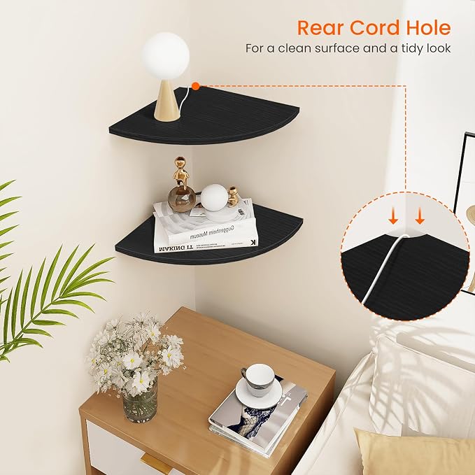 Homode Corner Floating Shelves, 12" Deep Corner Shelves Wall Mounted with Cord Hole, 2 Tier Curved Corner Hanging Shelving for Wall Storage, for Cable Box, TV Cords, Books, Plants, Black