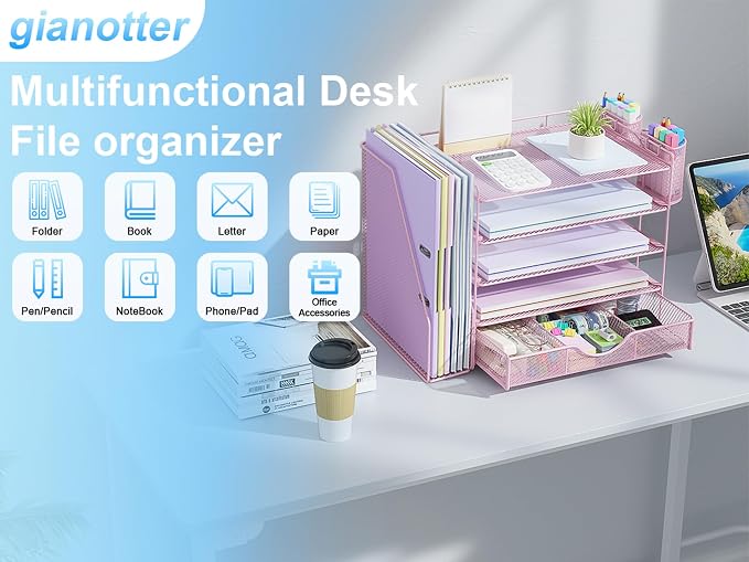 gianotter 5-Tier Desk Organizer with Drawers, File Holders, Letter Trays and Pen Holders - Workspace Accessories for Office Supplies (Pink)