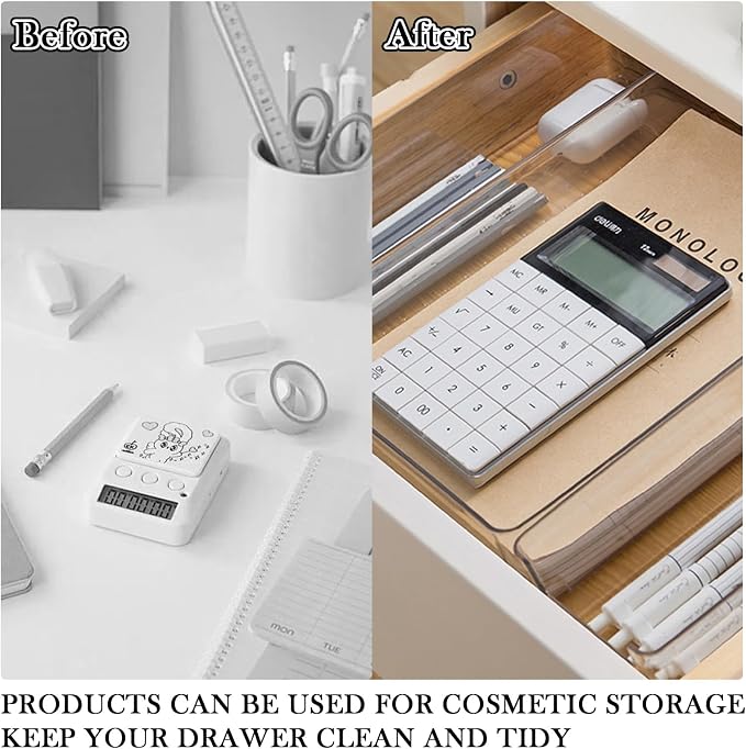 Clear Drawer Organizer Trays 6 Pack Plastic Dividers Bins | 15x6x2 Inch Desk Separator, Stackable Dresser Makeup Kitchen Office Storage Boxes, Cosmetic Utensil Flat Container Case