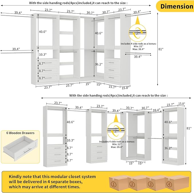 Closet System with 6 Drawers, Corner Closet Organizer System with 10 Hanging Rods Heavy Duty Walk in Wooden Modular Closet Storage System L-Shaped U -Shaped Freestanding 4 Sets 2500+ Lbs White