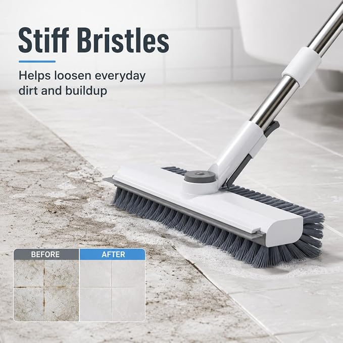 Floor Scrub Brush with 50-Inch Handle, Squeegee and Stiff Bristles | Stiff PVC bristles, 30/40/50-in stainless steel handle, 360° locking head and squeegee for tile, tubs and patios.