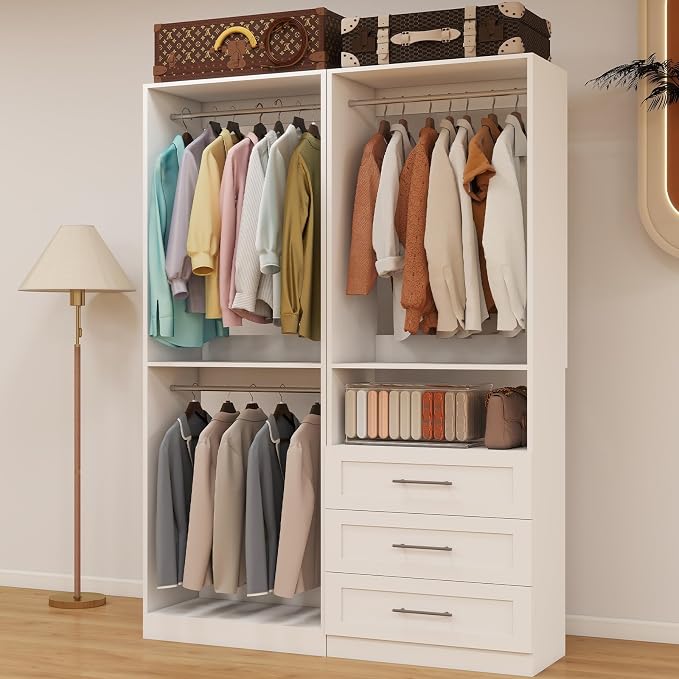 Closet System with 3 Drawers, 4FT-10FT Closet Organizer Systems with 5 Hanging Rods, Walk in Closet Freestanding Corner Closet System Modular Closet System 2 Sets White (4FT)