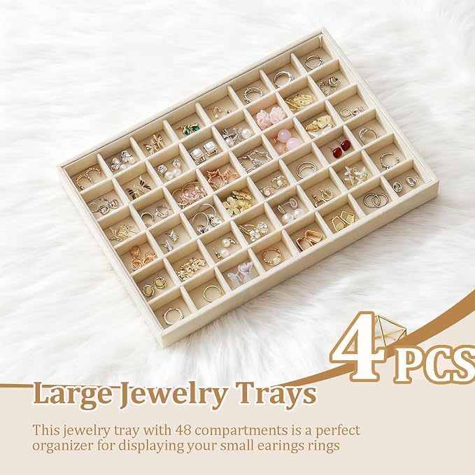 Large Stackable Jewelry Tray 4 Pack Velvet Jewelry Display Drawer Inserts Trays Organizer for Earring Bracelet Necklace Ring (Beige, 48 Grids)