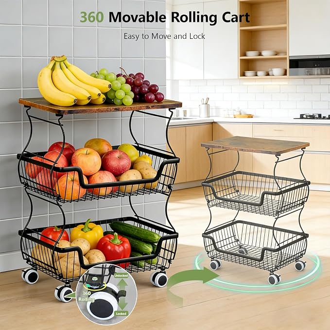 2 Pack Pantry Floor Organizeron with Wheels, 3 Tier Rolling Fruit Vegetable Basket for Kitchen Stackable Wire Basket Stand for Home Removable Metal Vegetable Rack Wire Snack Cart